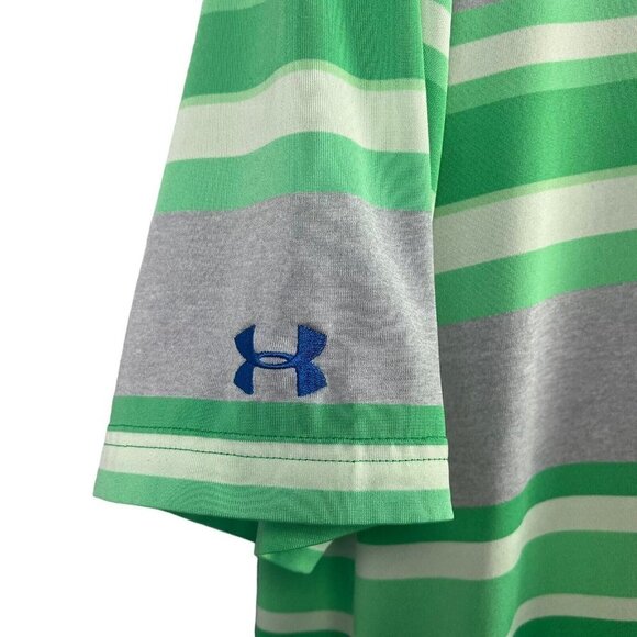 Under Armour Loose Heatgear Polo Golf Shirt Green Stripe Stretch Large - Picture 4 of 9